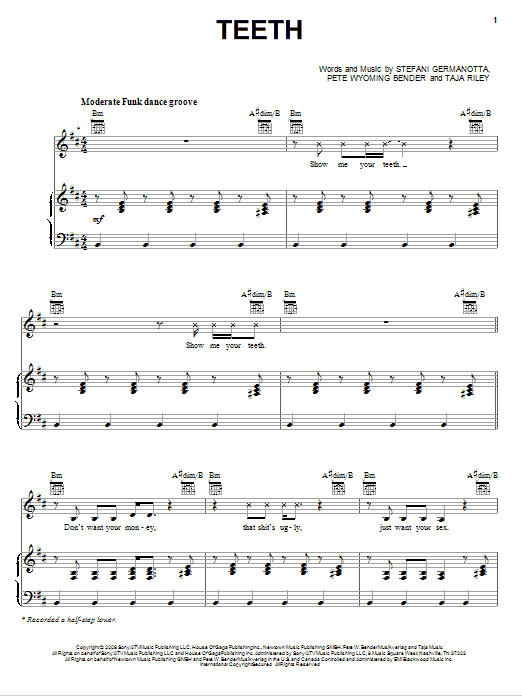 Lady Gaga Teeth Sheet Music Notes & Chords for Piano, Vocal & Guitar (Right-Hand Melody) - Download or Print PDF