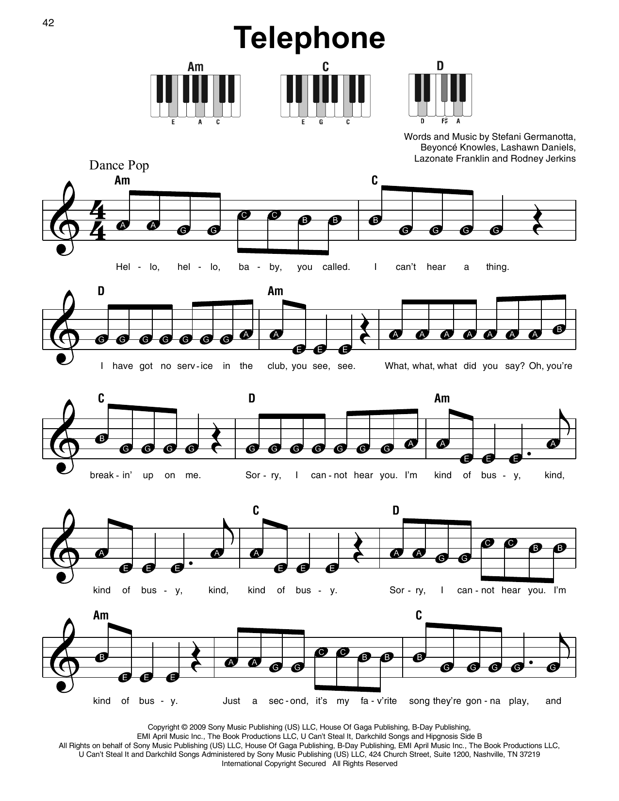 Lady Gaga Telephone (feat. Beyonce) Sheet Music Notes & Chords for Super Easy Piano - Download or Print PDF