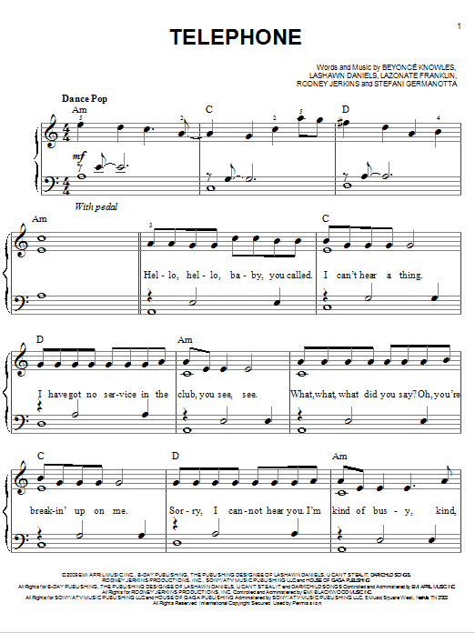 Lady Gaga Telephone (feat. Beyoncé) Sheet Music Notes & Chords for Easy Piano - Download or Print PDF