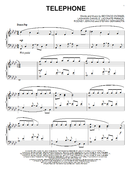 Lady Gaga Telephone Sheet Music Notes & Chords for Piano - Download or Print PDF