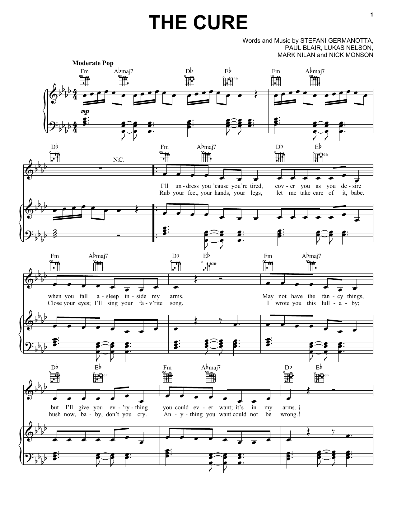 Lady Gaga The Cure Sheet Music Notes & Chords for Piano, Vocal & Guitar (Right-Hand Melody) - Download or Print PDF