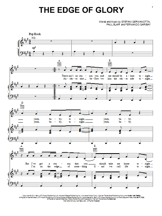 Lady Gaga The Edge Of Glory Sheet Music Notes & Chords for Piano - Download or Print PDF