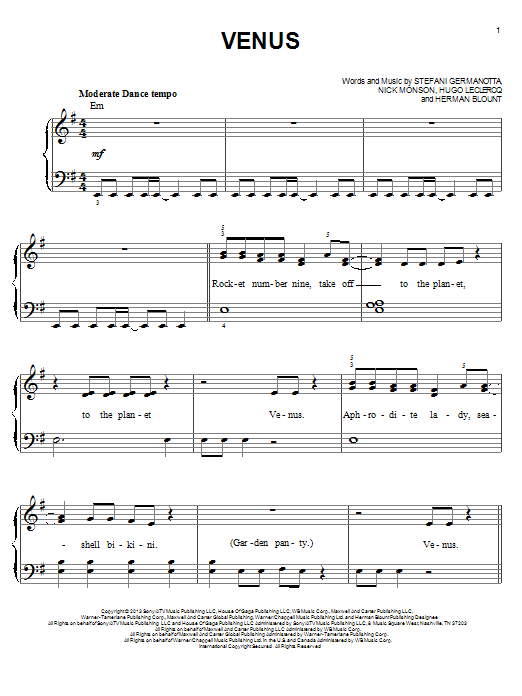 Lady Gaga Venus Sheet Music Notes & Chords for Piano, Vocal & Guitar (Right-Hand Melody) - Download or Print PDF