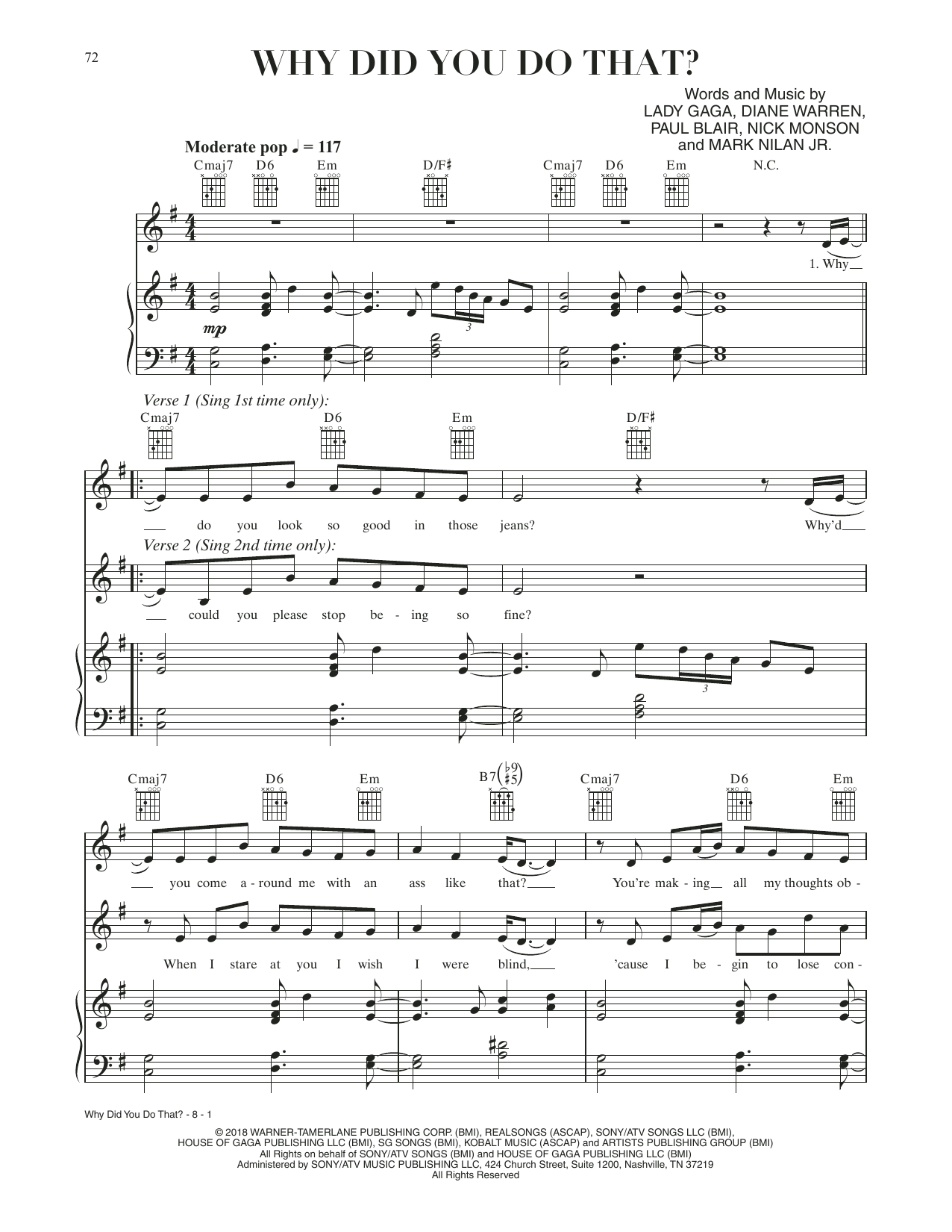 Lady Gaga Why Did You Do That? (from A Star Is Born) Sheet Music Notes & Chords for Piano, Vocal & Guitar Chords (Right-Hand Melody) - Download or Print PDF