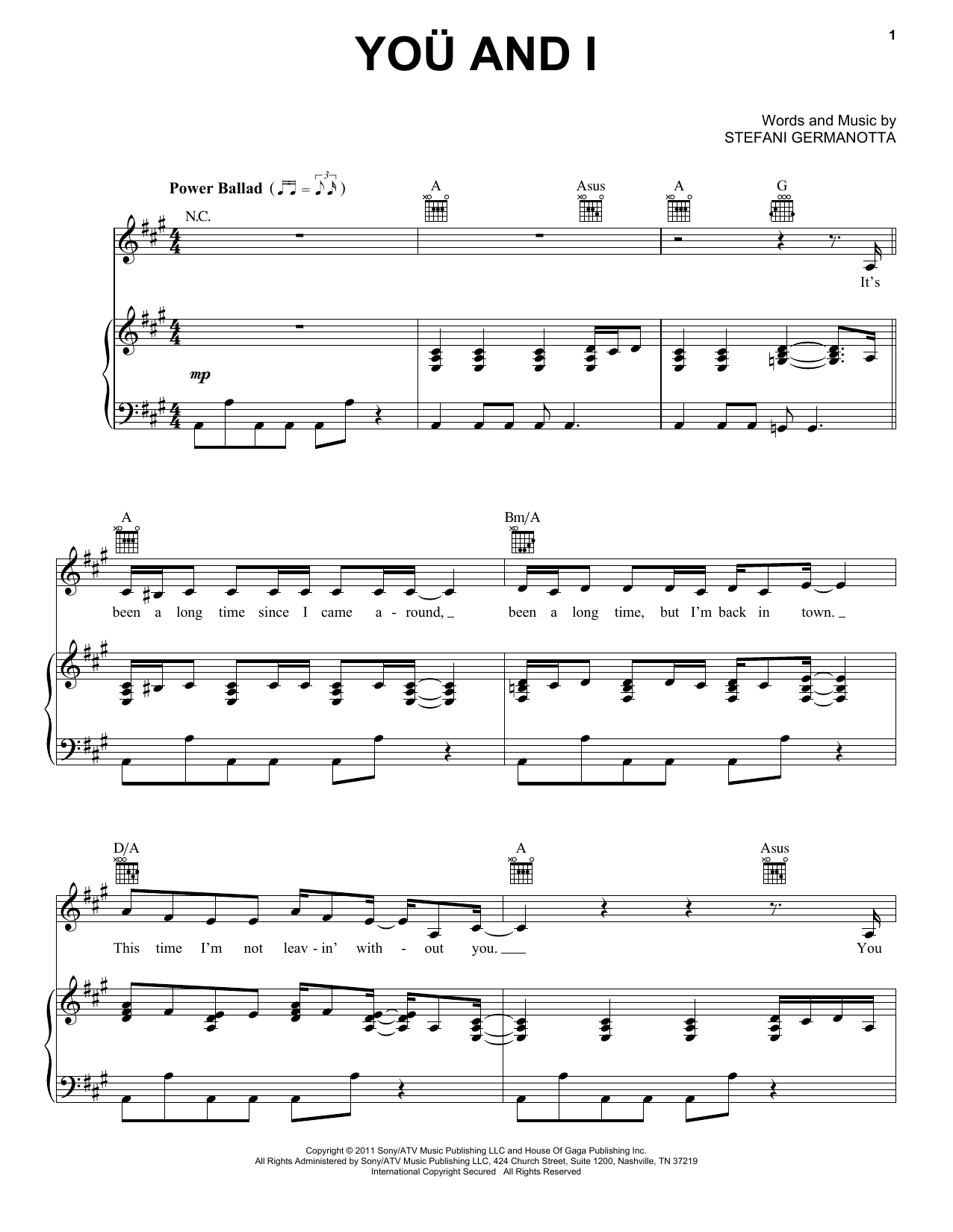 Lady Gaga You And I Sheet Music Notes & Chords for Piano & Vocal - Download or Print PDF