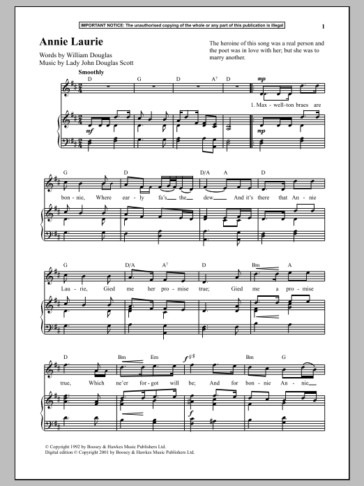Lady John Douglas Scott Annie Laurie Sheet Music Notes & Chords for Piano - Download or Print PDF