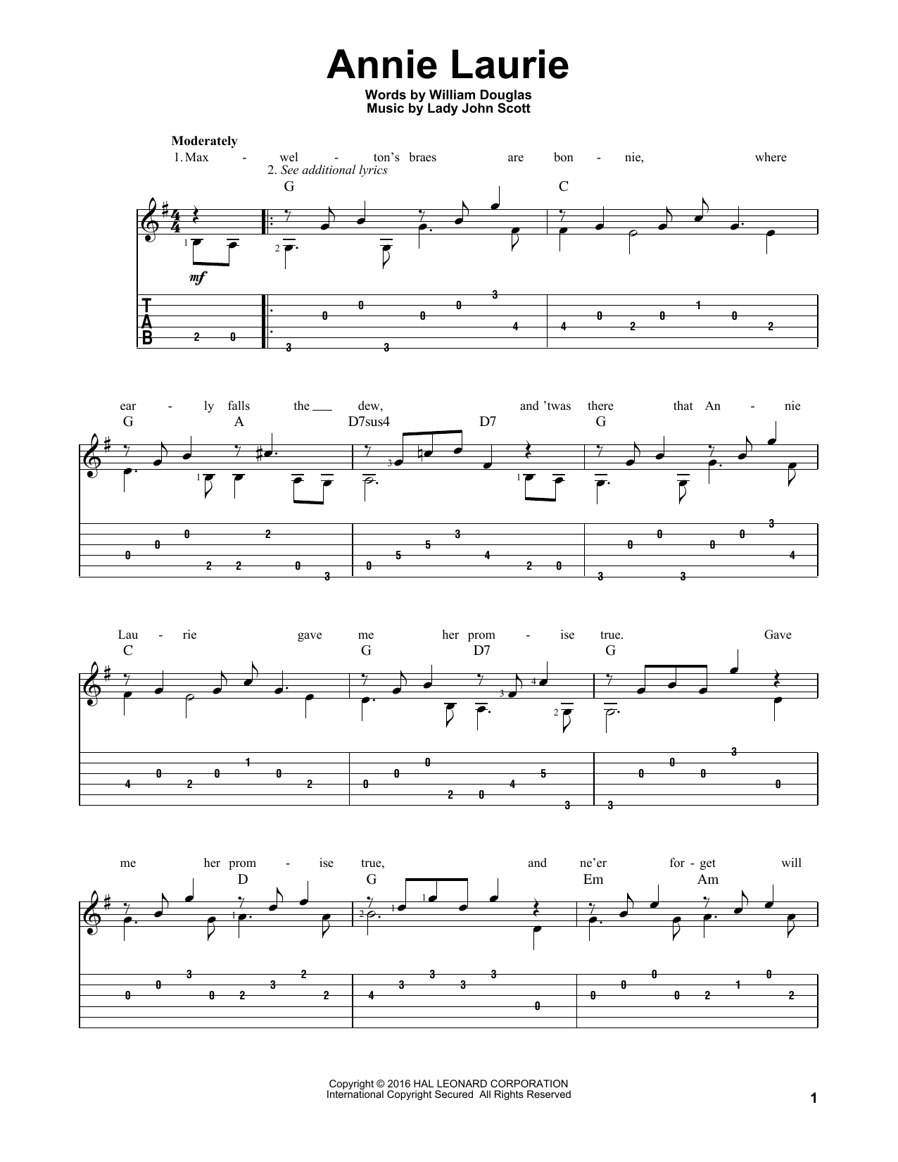Lady John Scott Annie Laurie Sheet Music Notes & Chords for Guitar Tab - Download or Print PDF