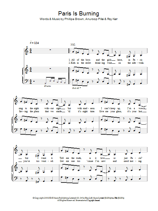 Ladyhawke Paris Is Burning Sheet Music Notes & Chords for Piano, Vocal & Guitar - Download or Print PDF