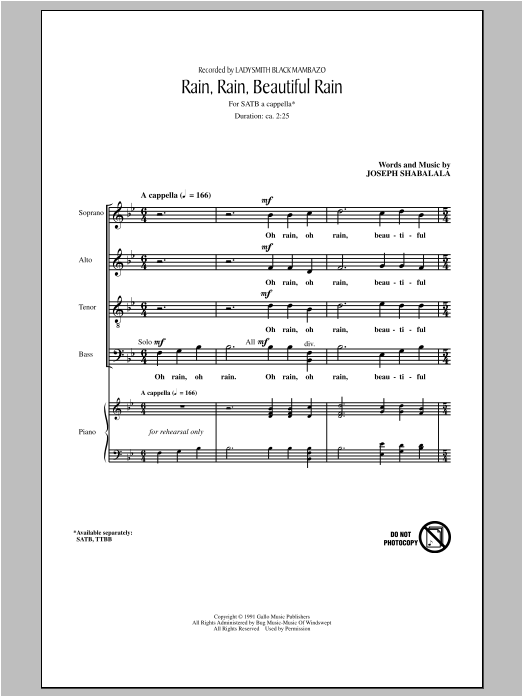 Ladysmith Black Mambazo Rain, Rain, Beautiful Rain Sheet Music Notes & Chords for SATB - Download or Print PDF