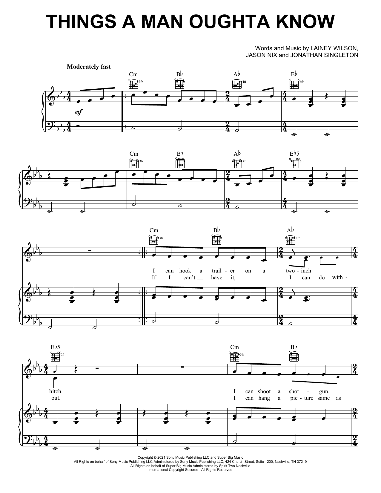 Lainey Wilson Things A Man Oughta Know Sheet Music Notes & Chords for Piano, Vocal & Guitar (Right-Hand Melody) - Download or Print PDF