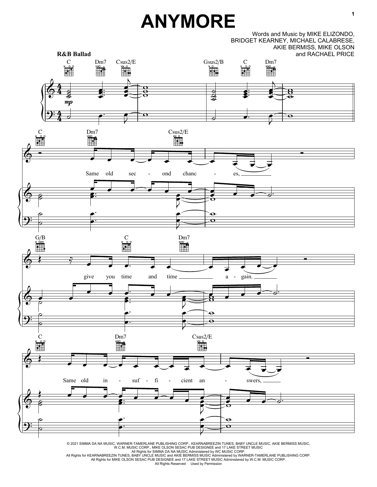 Lake Street Dive Anymore Sheet Music Notes & Chords for Piano, Vocal & Guitar (Right-Hand Melody) - Download or Print PDF