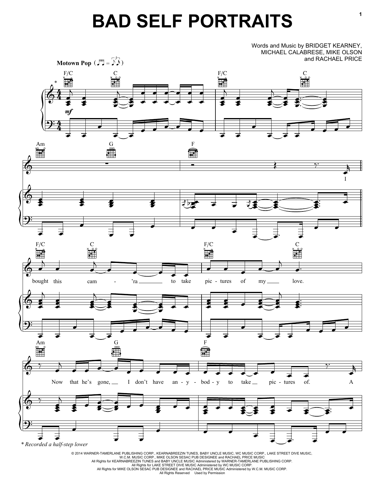 Lake Street Dive Bad Self Portraits Sheet Music Notes & Chords for Piano, Vocal & Guitar (Right-Hand Melody) - Download or Print PDF