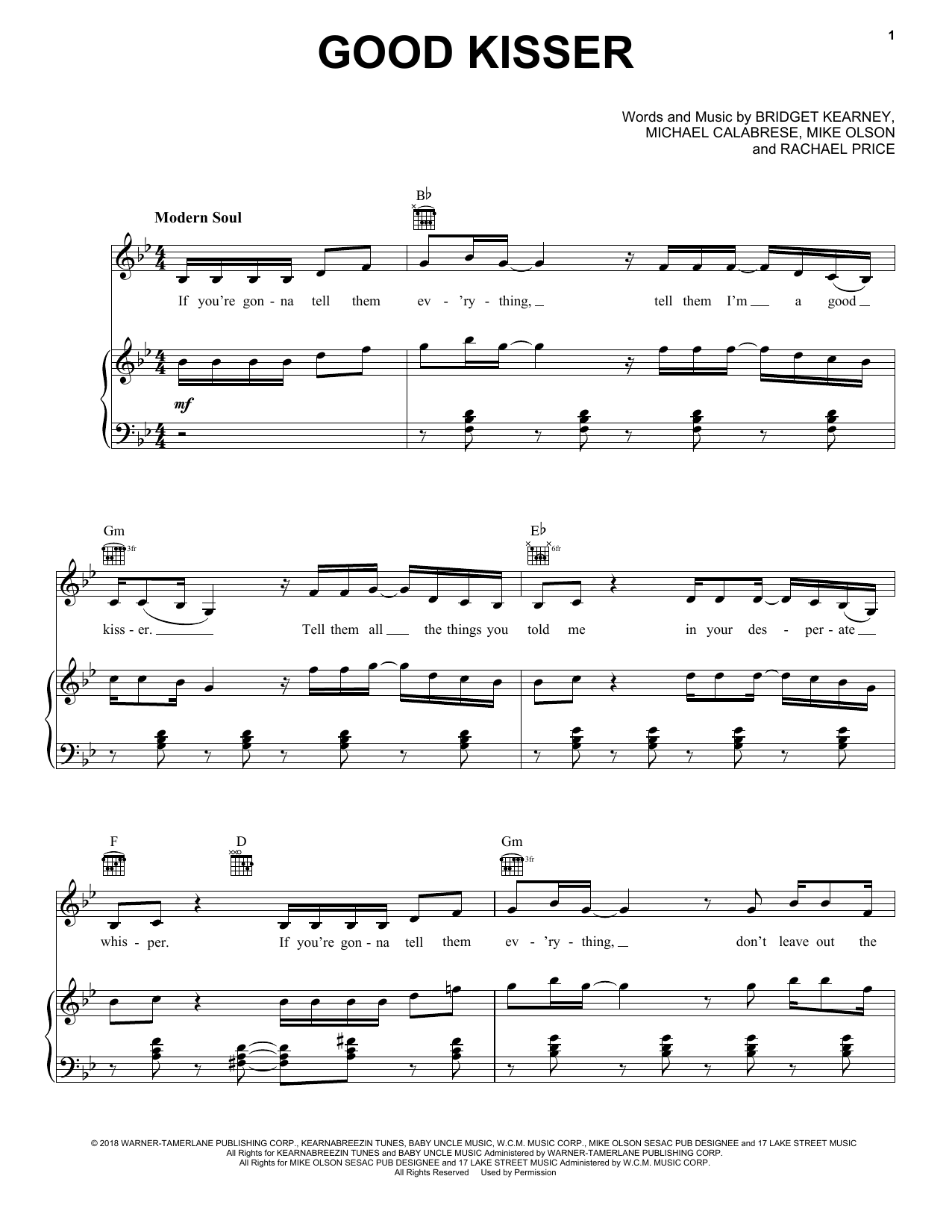 Lake Street Dive Good Kisser Sheet Music Notes & Chords for Piano, Vocal & Guitar (Right-Hand Melody) - Download or Print PDF