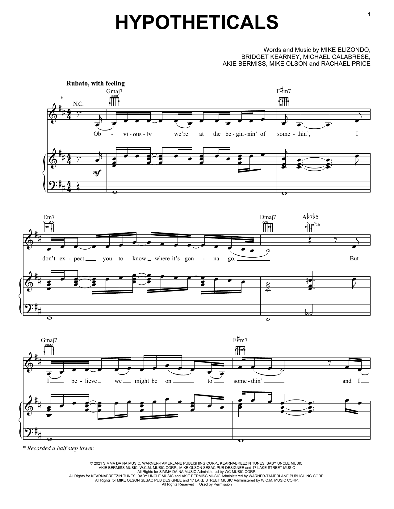 Lake Street Dive Hypotheticals Sheet Music Notes & Chords for Piano, Vocal & Guitar (Right-Hand Melody) - Download or Print PDF
