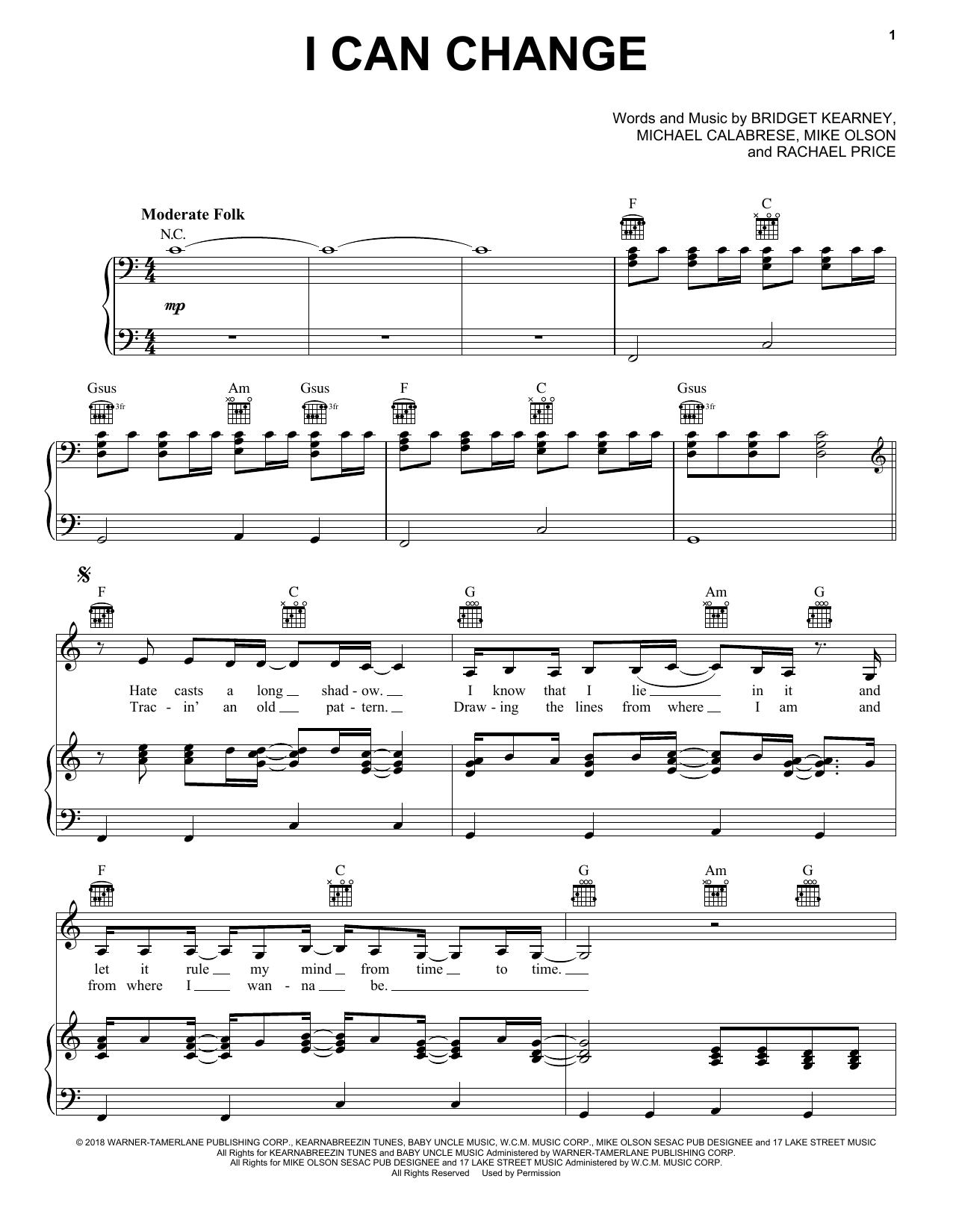Lake Street Dive I Can Change Sheet Music Notes & Chords for Piano, Vocal & Guitar (Right-Hand Melody) - Download or Print PDF