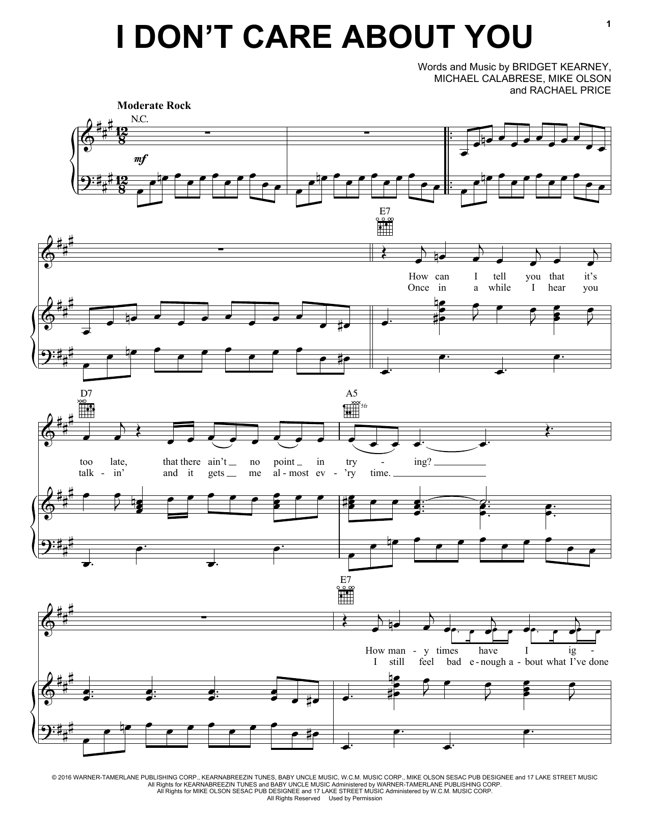 Lake Street Dive I Don't Care About You Sheet Music Notes & Chords for Piano, Vocal & Guitar (Right-Hand Melody) - Download or Print PDF