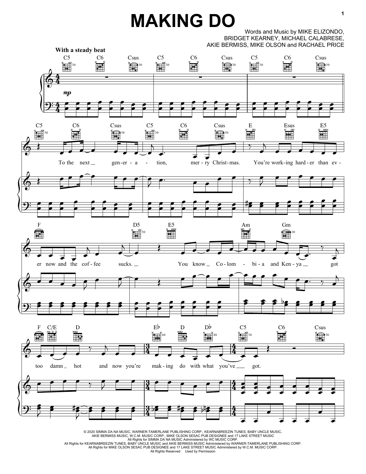 Lake Street Dive Making Do Sheet Music Notes & Chords for Piano, Vocal & Guitar (Right-Hand Melody) - Download or Print PDF