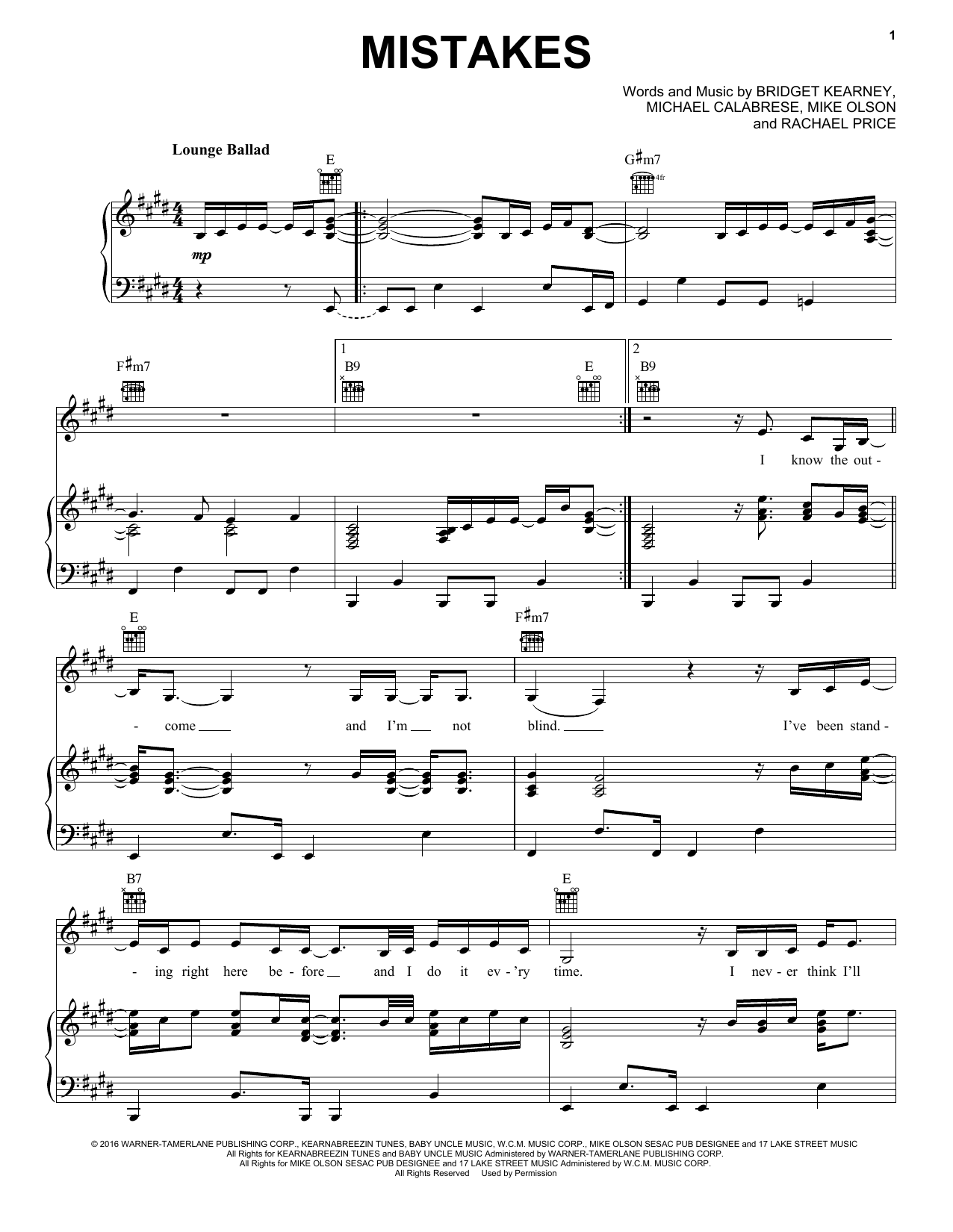 Lake Street Dive Mistakes Sheet Music Notes & Chords for Piano, Vocal & Guitar (Right-Hand Melody) - Download or Print PDF
