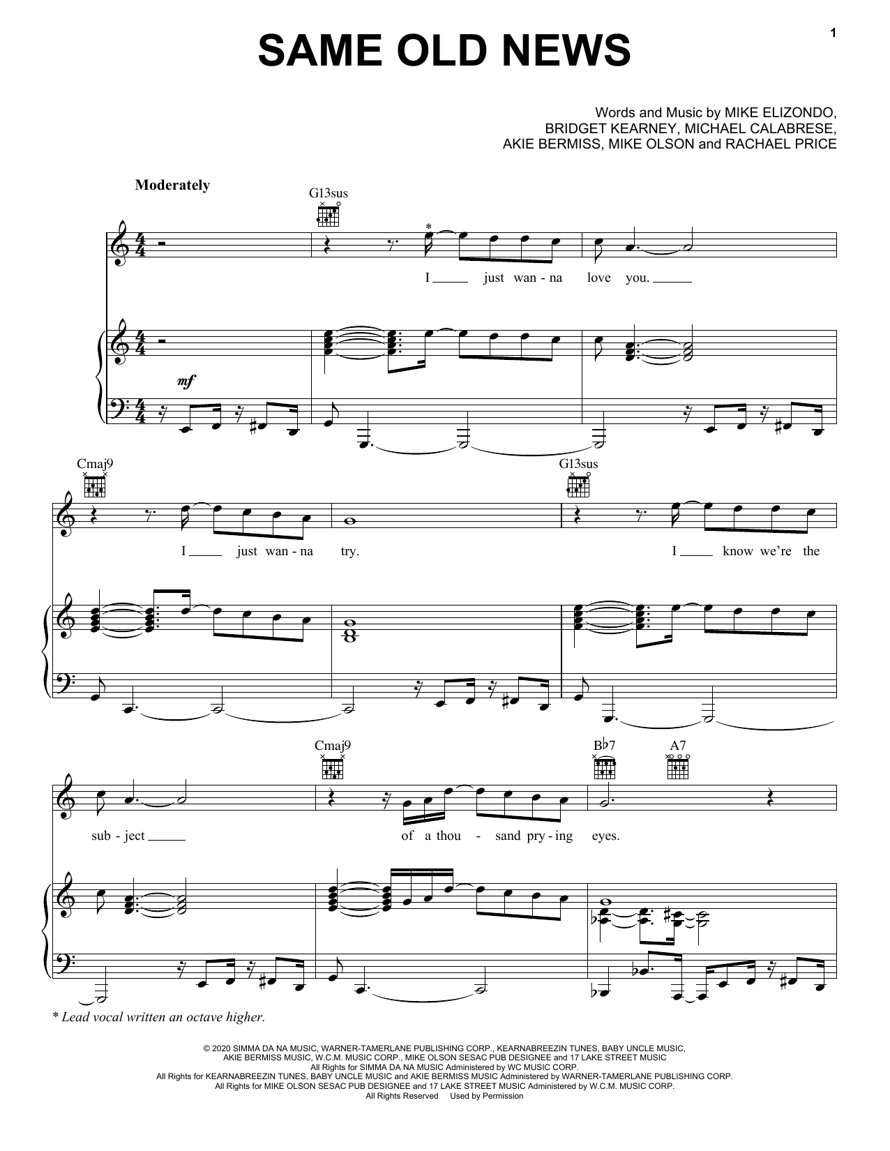 Lake Street Dive Same Old News Sheet Music Notes & Chords for Piano, Vocal & Guitar (Right-Hand Melody) - Download or Print PDF