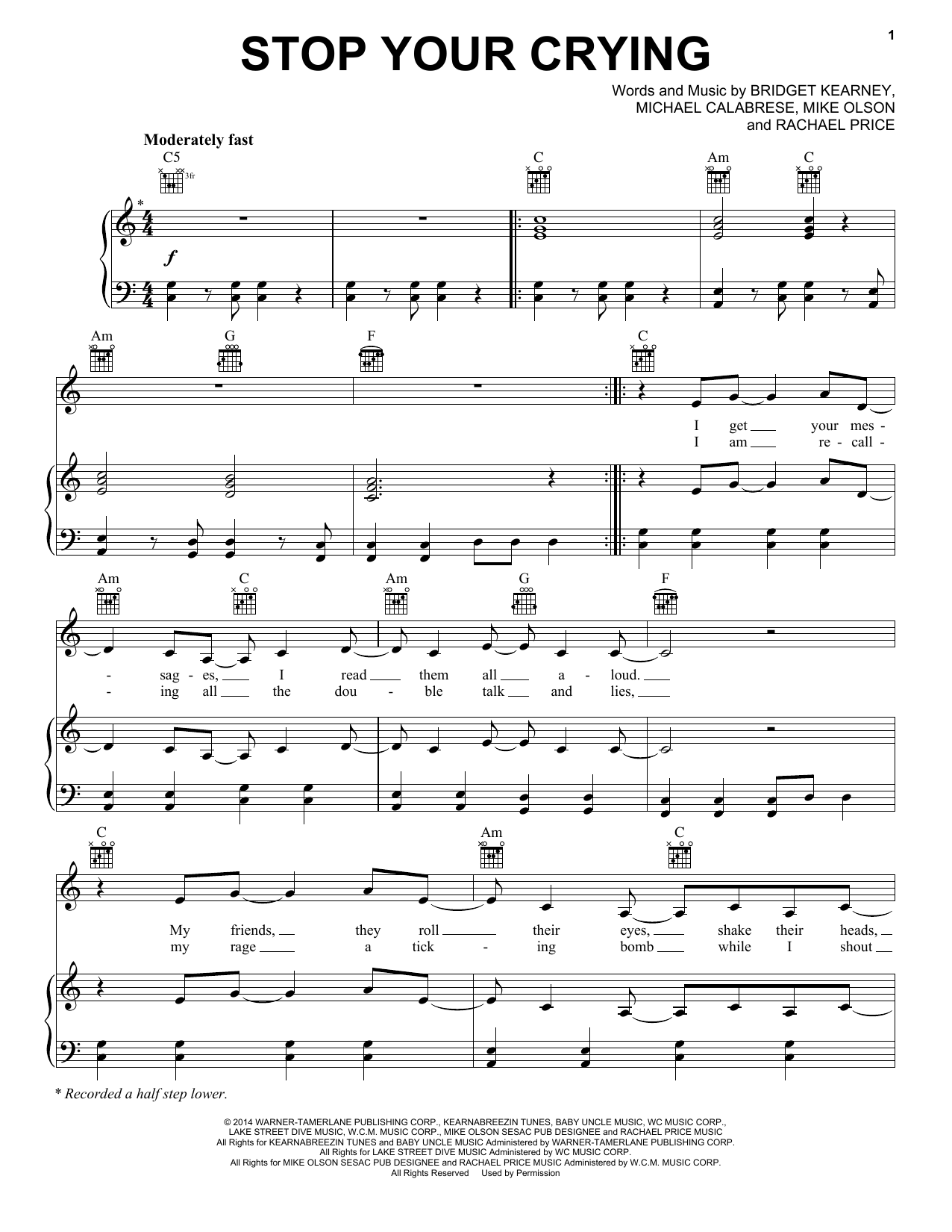 Lake Street Dive Stop Your Crying Sheet Music Notes & Chords for Piano, Vocal & Guitar (Right-Hand Melody) - Download or Print PDF