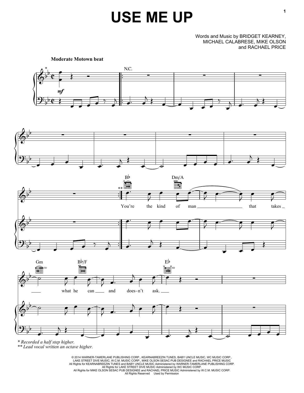 Lake Street Dive Use Me Up Sheet Music Notes & Chords for Piano, Vocal & Guitar (Right-Hand Melody) - Download or Print PDF