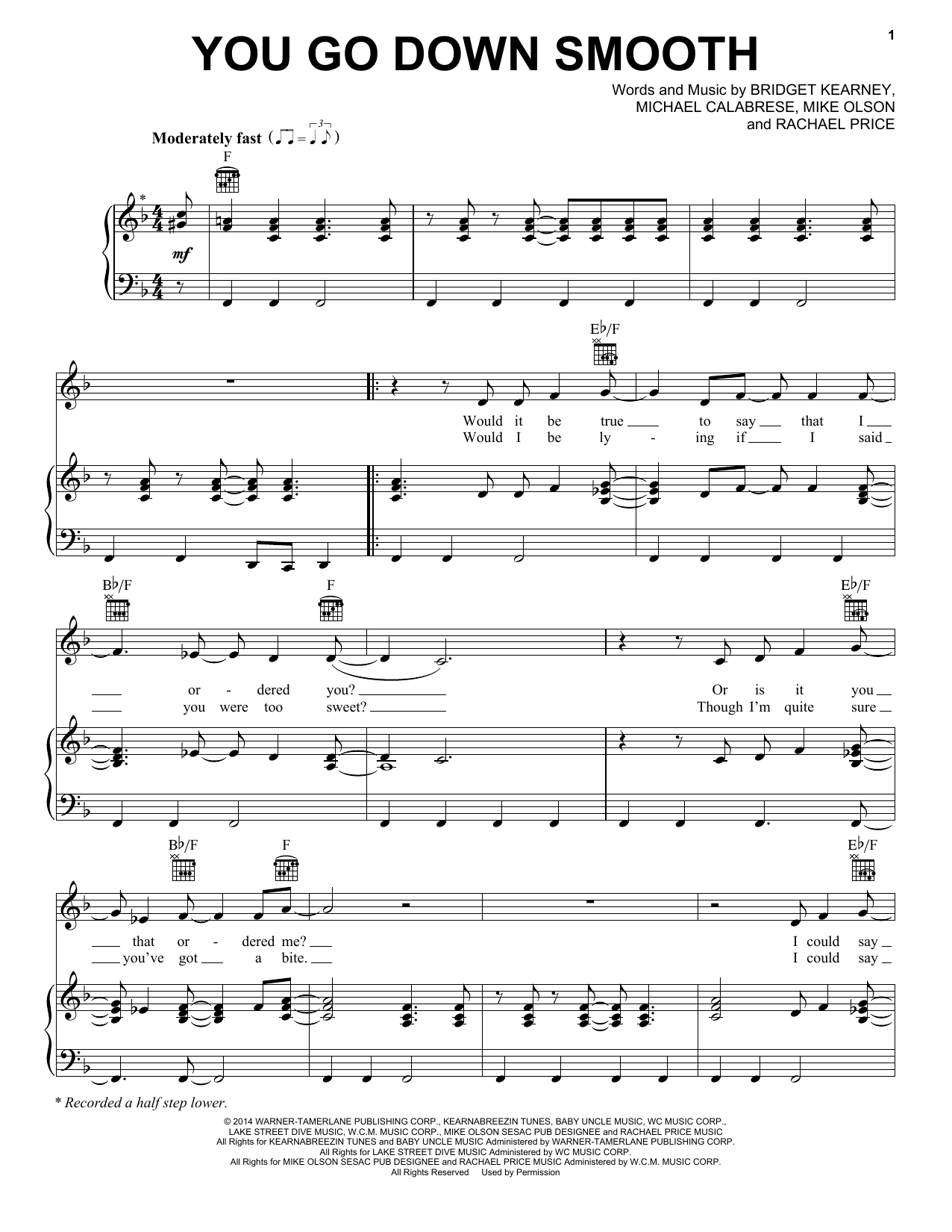 Lake Street Dive You Go Down Smooth Sheet Music Notes & Chords for Piano, Vocal & Guitar (Right-Hand Melody) - Download or Print PDF