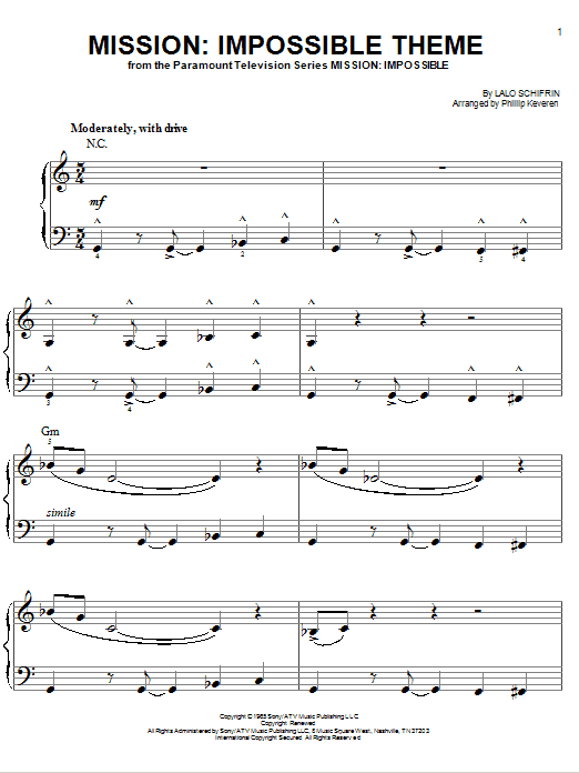 Lalo Schifrin Mission: Impossible Theme Sheet Music Notes & Chords for Easy Piano - Download or Print PDF