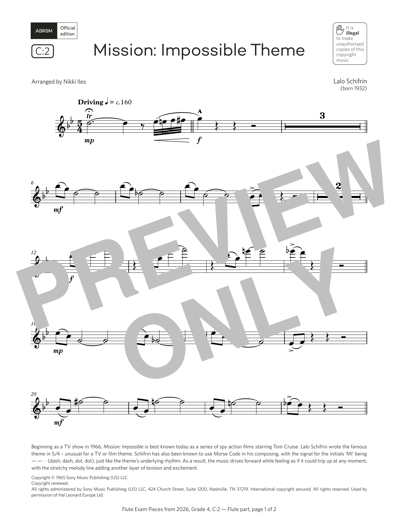 Lalo Schifrin Mission: Impossible Theme (Grade 4, list C2, from the ABRSM Flute Syllabus from 2026) Sheet Music Notes & Chords for Flute Solo - Download or Print PDF Lalo Schifrin Mission: Impossible Theme (Grade 4, list C2, from the ABRSM Flute Syllabus from 2026) Sheet Music Notes & Chords for Flute Solo - Download or Print PDF