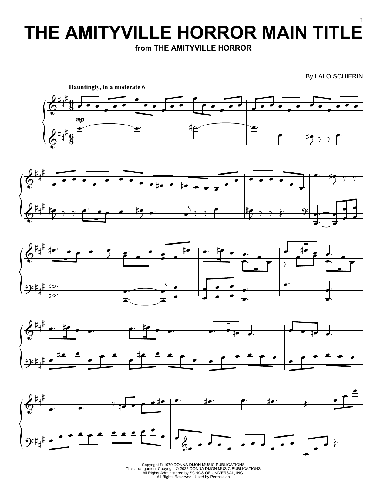 Lalo Schifrin The Amityville Horror Main Title Sheet Music Notes & Chords for Piano Solo - Download or Print PDF