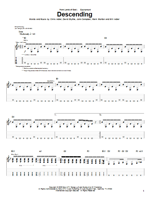 Lamb Of God Descending Sheet Music Notes & Chords for Guitar Tab - Download or Print PDF