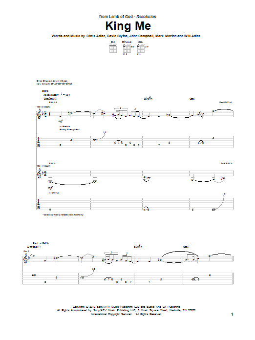 Lamb Of God King Me Sheet Music Notes & Chords for Guitar Tab - Download or Print PDF