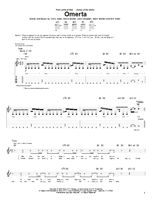 Lamb Of God Omerta Sheet Music Notes & Chords for Guitar Tab - Download or Print PDF