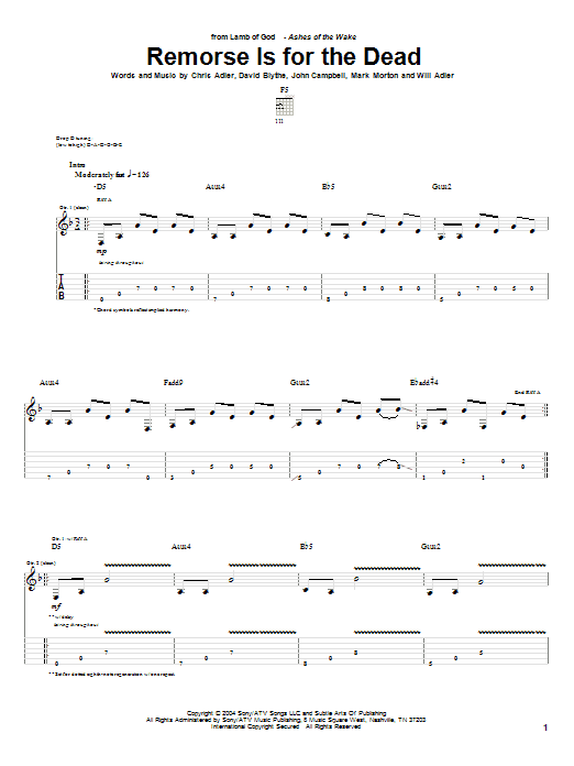 Lamb Of God Remorse Is For The Dead Sheet Music Notes & Chords for Guitar Tab - Download or Print PDF