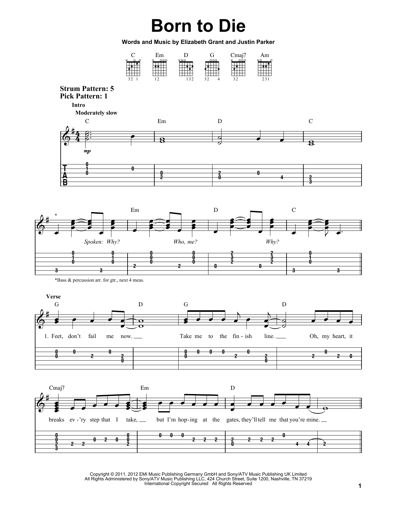 Lana Del Ray Born To Die Sheet Music Notes & Chords for Easy Guitar Tab - Download or Print PDF