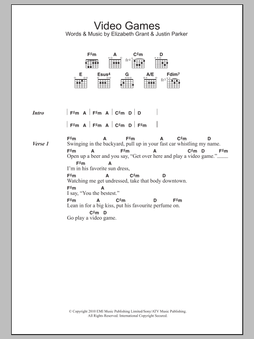 Lana Del Rey Video Games Sheet Music Notes & Chords for Lyrics & Chords - Download or Print PDF