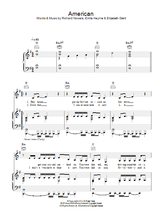 Lana Del Rey American Sheet Music Notes & Chords for Piano, Vocal & Guitar (Right-Hand Melody) - Download or Print PDF