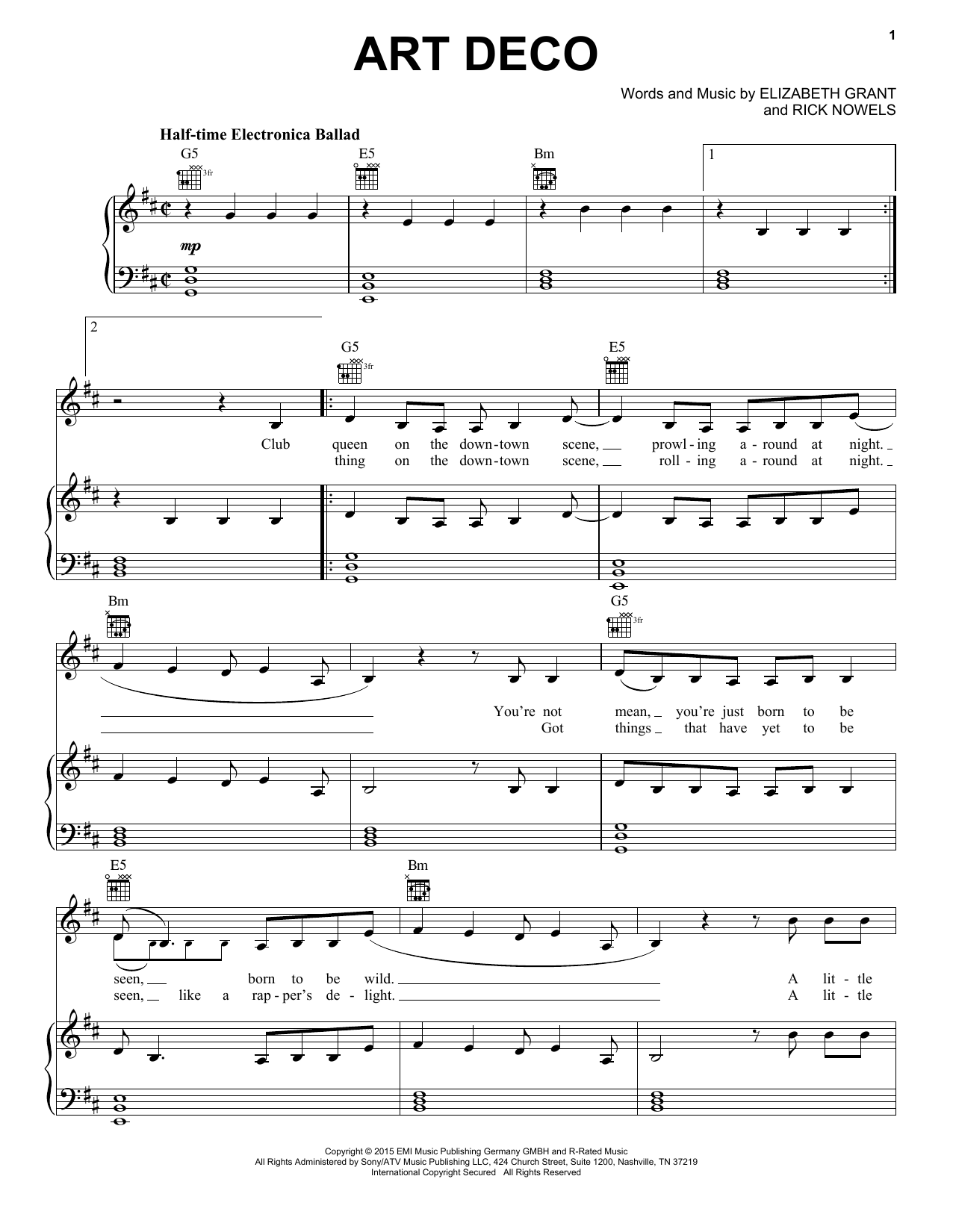 Lana Del Rey Art Deco Sheet Music Notes & Chords for Piano, Vocal & Guitar (Right-Hand Melody) - Download or Print PDF