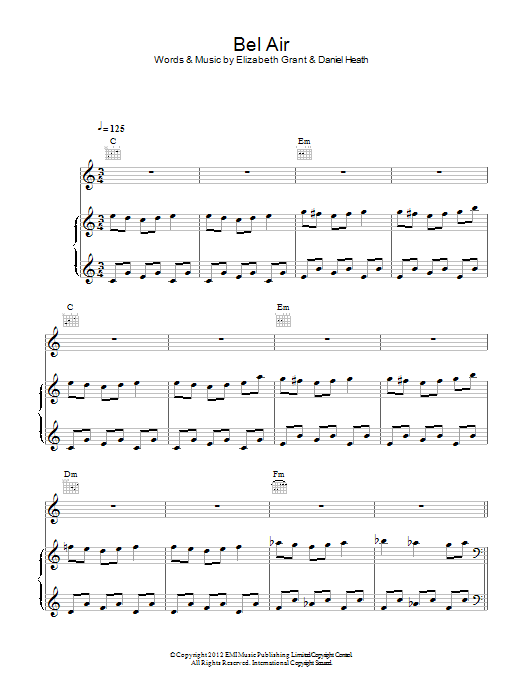 Lana Del Rey Bel Air Sheet Music Notes & Chords for Piano, Vocal & Guitar (Right-Hand Melody) - Download or Print PDF