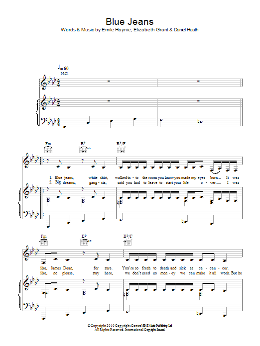 Lana Del Rey Blue Jeans Sheet Music Notes & Chords for Piano, Vocal & Guitar (Right-Hand Melody) - Download or Print PDF