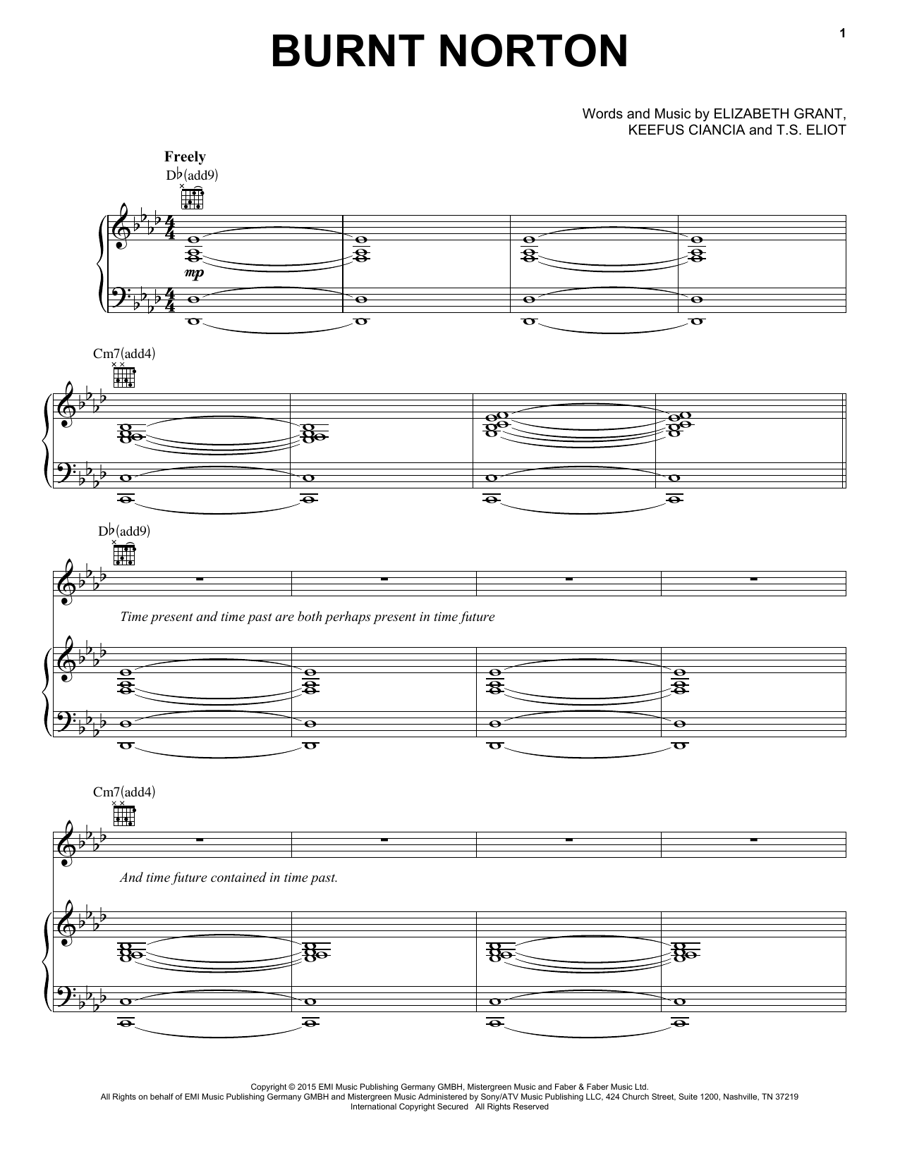 Lana Del Rey Burnt Norton Sheet Music Notes & Chords for Piano, Vocal & Guitar (Right-Hand Melody) - Download or Print PDF