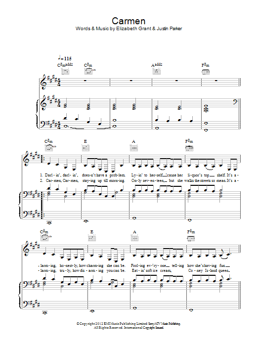 Lana Del Rey Carmen Sheet Music Notes & Chords for Piano, Vocal & Guitar (Right-Hand Melody) - Download or Print PDF