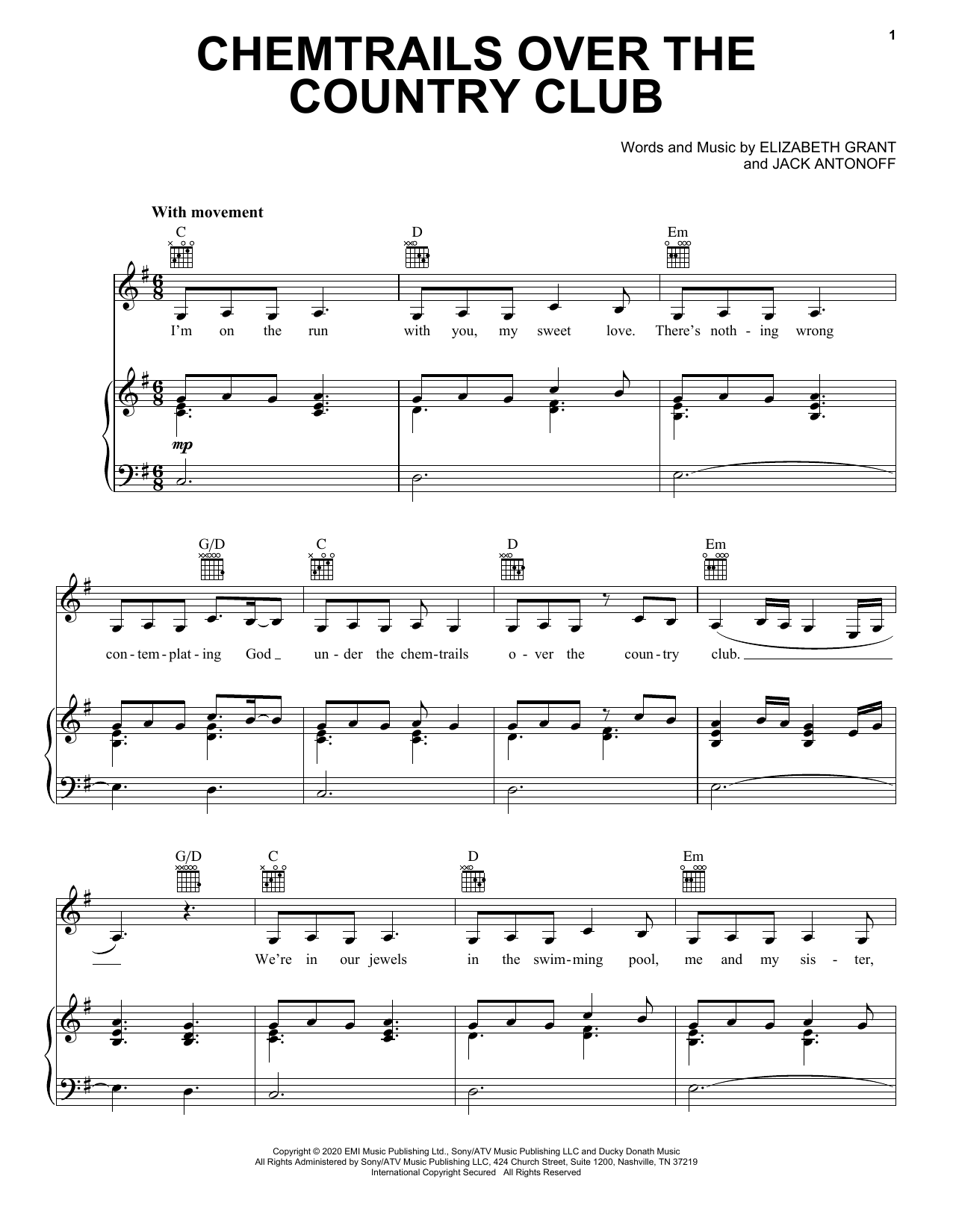 Lana Del Rey Chemtrails Over The Country Club Sheet Music Notes & Chords for Piano, Vocal & Guitar (Right-Hand Melody) - Download or Print PDF