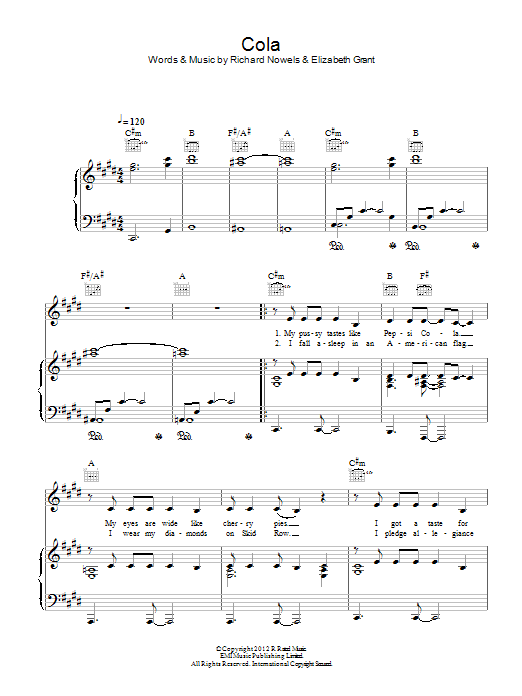 Lana Del Rey Cola Sheet Music Notes & Chords for Piano, Vocal & Guitar (Right-Hand Melody) - Download or Print PDF