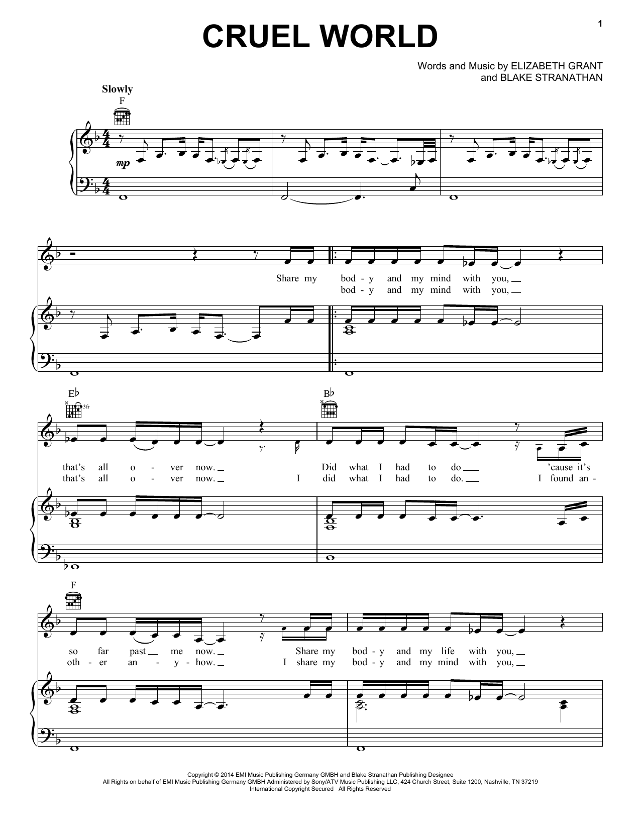Lana Del Rey Cruel World Sheet Music Notes & Chords for Piano, Vocal & Guitar (Right-Hand Melody) - Download or Print PDF