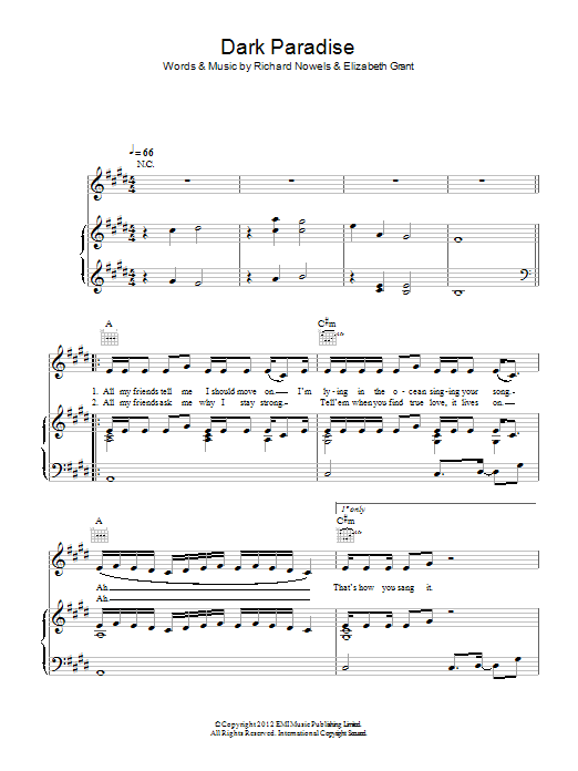 Lana Del Rey Dark Paradise Sheet Music Notes & Chords for Piano, Vocal & Guitar (Right-Hand Melody) - Download or Print PDF
