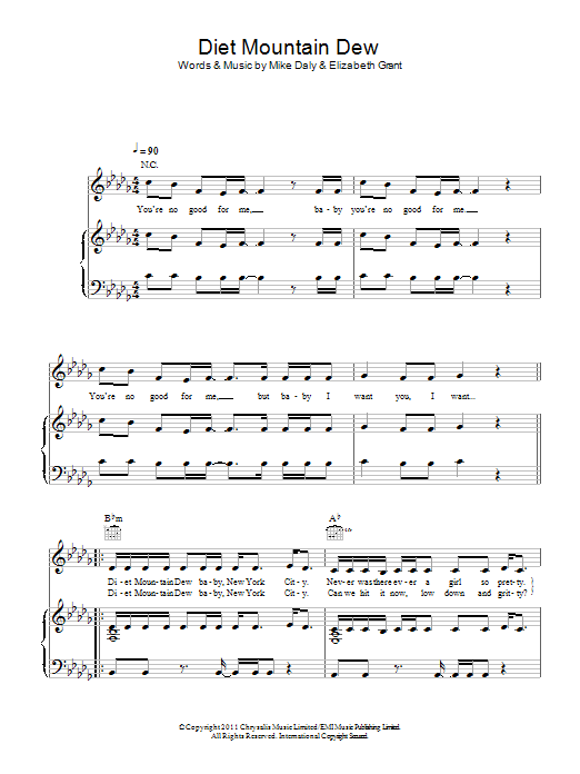 Lana Del Rey Diet Mountain Dew Sheet Music Notes & Chords for Piano, Vocal & Guitar (Right-Hand Melody) - Download or Print PDF