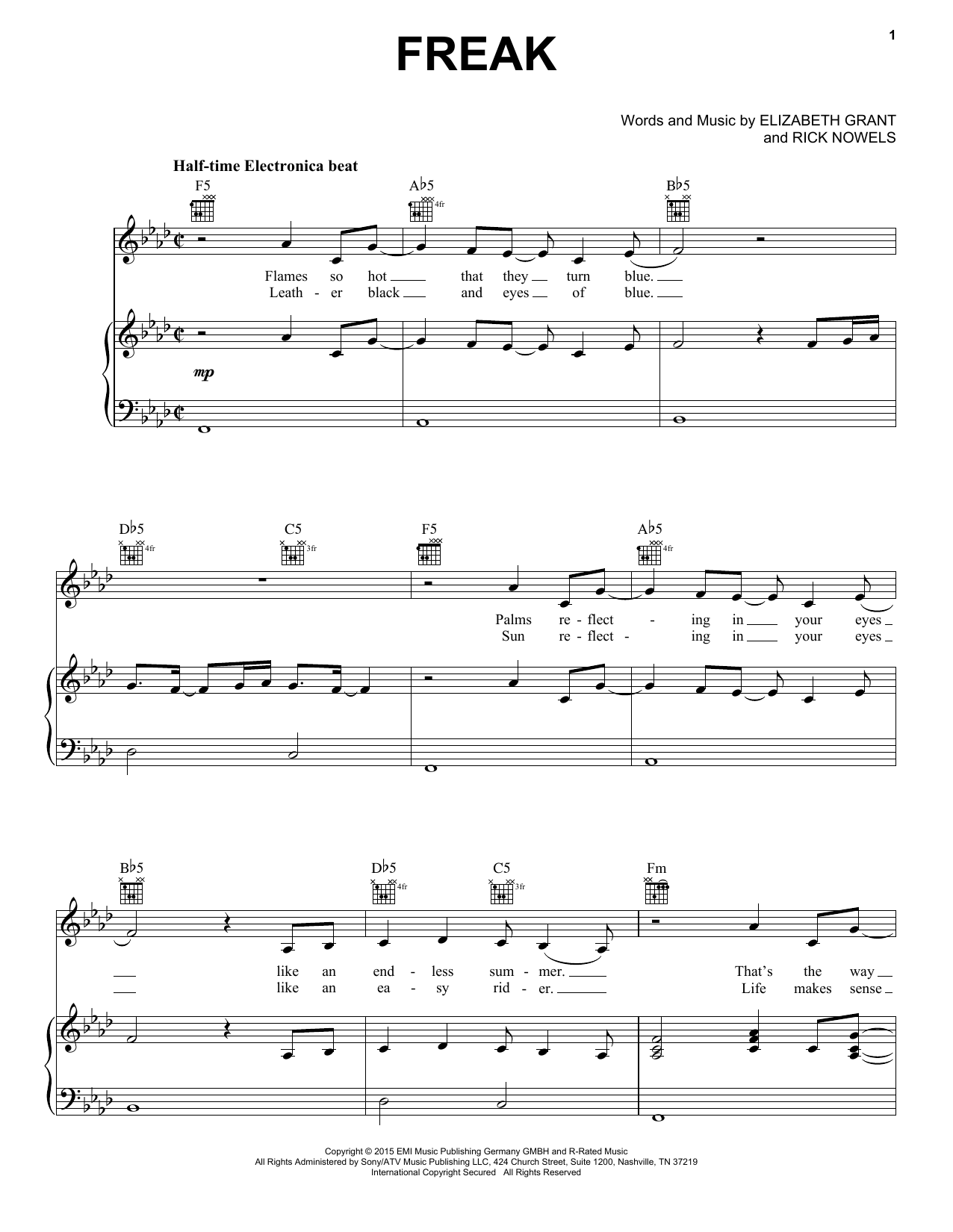 Lana Del Rey Freak Sheet Music Notes & Chords for Piano, Vocal & Guitar (Right-Hand Melody) - Download or Print PDF