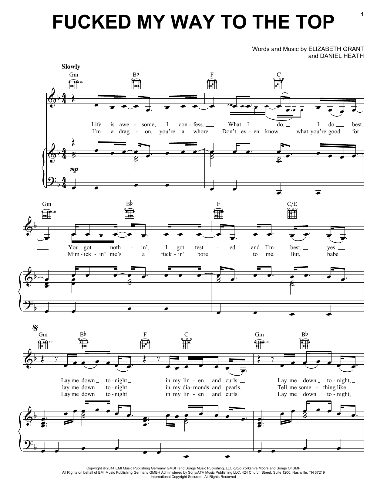 Lana Del Rey Fucked My Way Up To The Top Sheet Music Notes & Chords for Piano, Vocal & Guitar (Right-Hand Melody) - Download or Print PDF