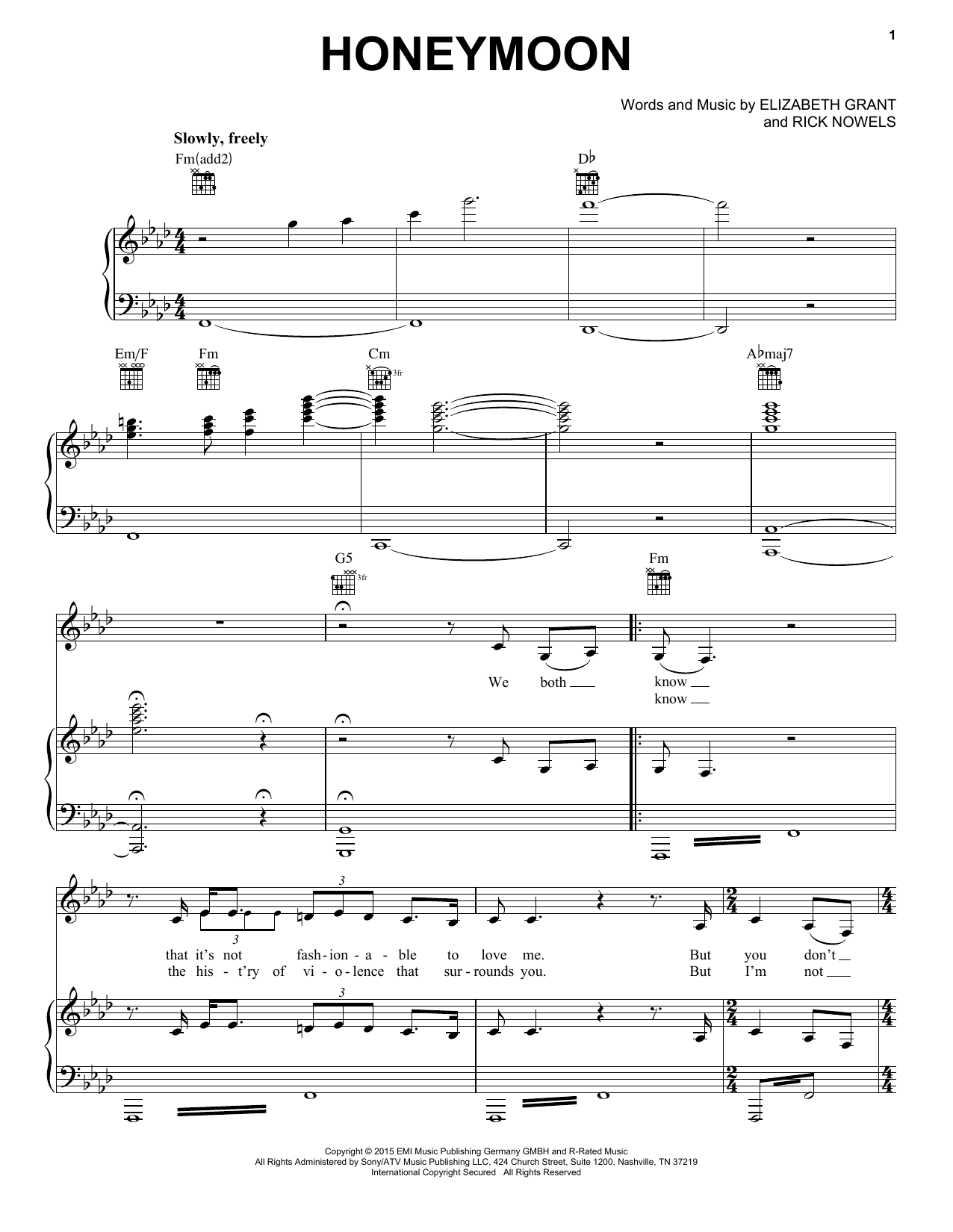 Lana Del Rey Honeymoon Sheet Music Notes & Chords for Piano, Vocal & Guitar (Right-Hand Melody) - Download or Print PDF