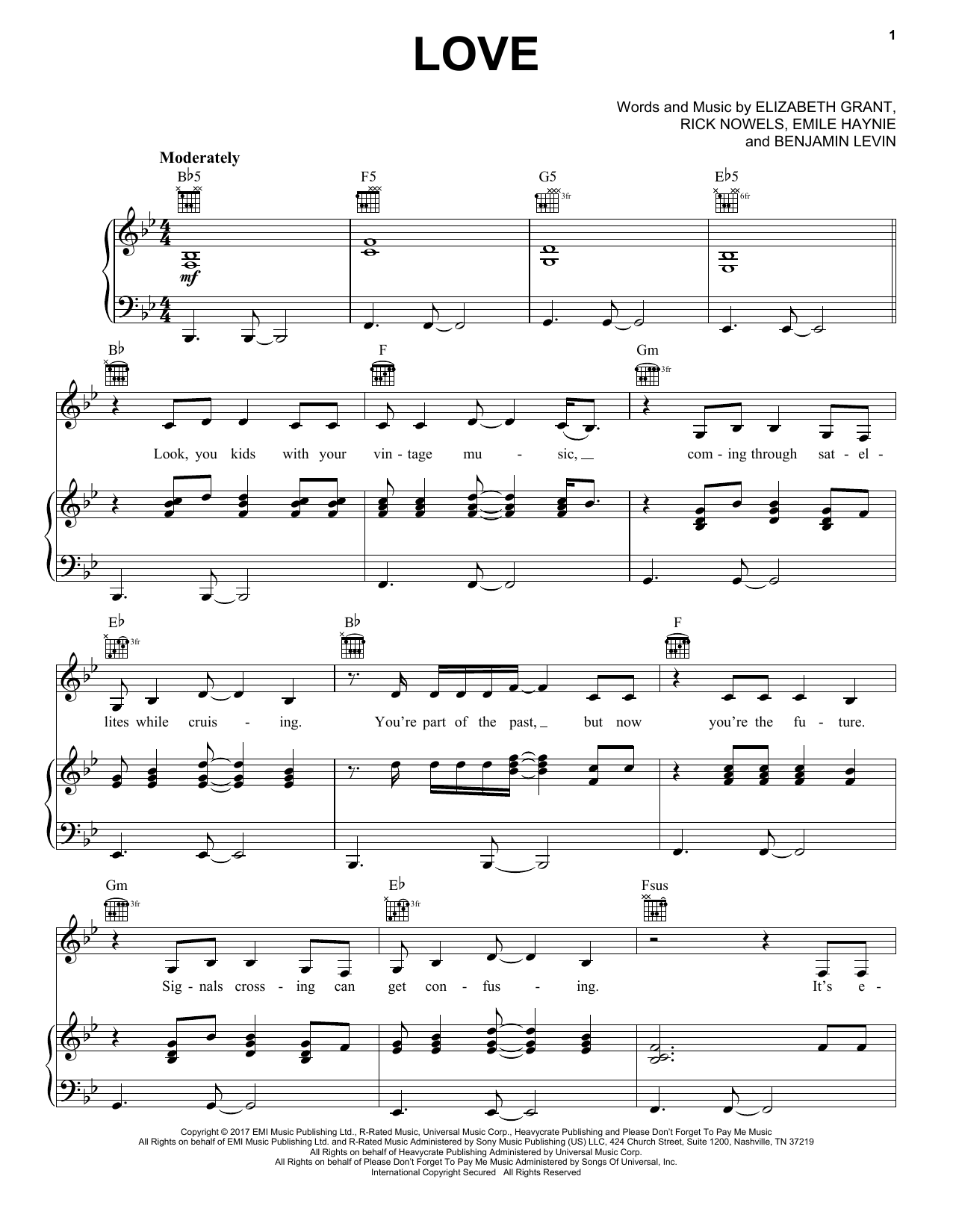 Lana Del Rey Love Sheet Music Notes & Chords for Piano, Vocal & Guitar (Right-Hand Melody) - Download or Print PDF